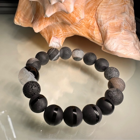 DRUZI AGATE + TUXEDO + ONYX + STONES BRACELET Size 7” - Picture 7 of 13